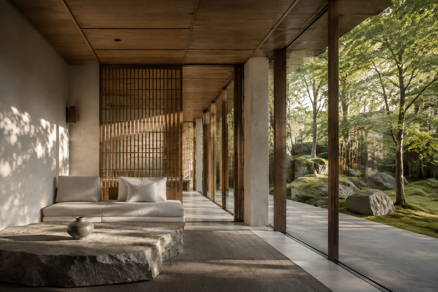 Contemporary Japanese lounge with oak lattice, natural stone and a tranquil moss garden