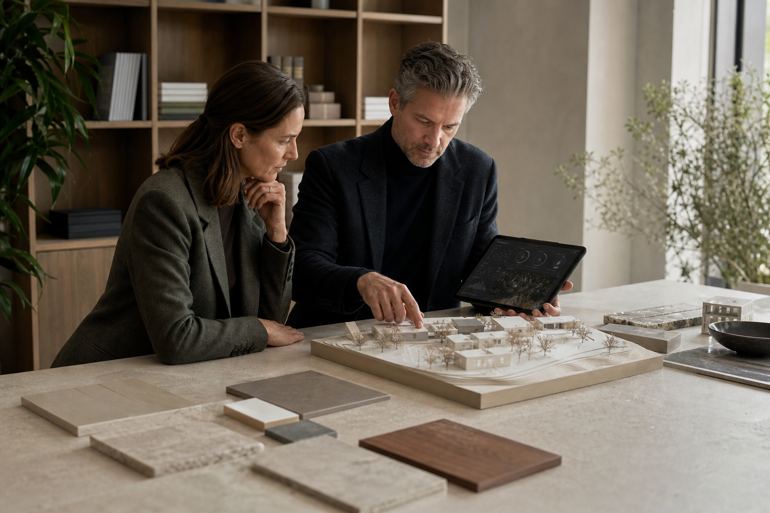 Property and design specialists reviewing a model and digital analysis